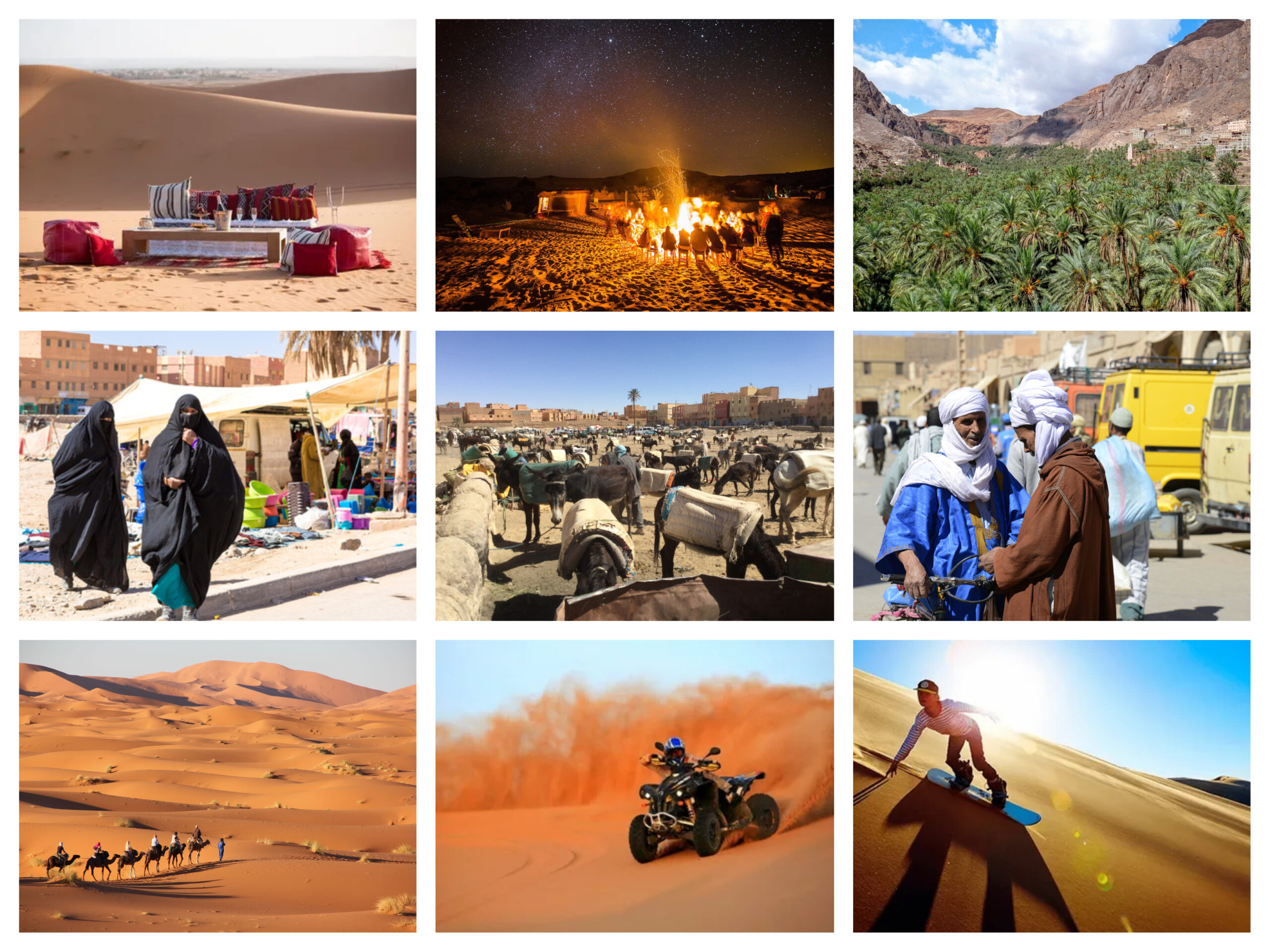 A collage of people in the desert during a 2-day Desert Tour from Errachidia to Merzouga.