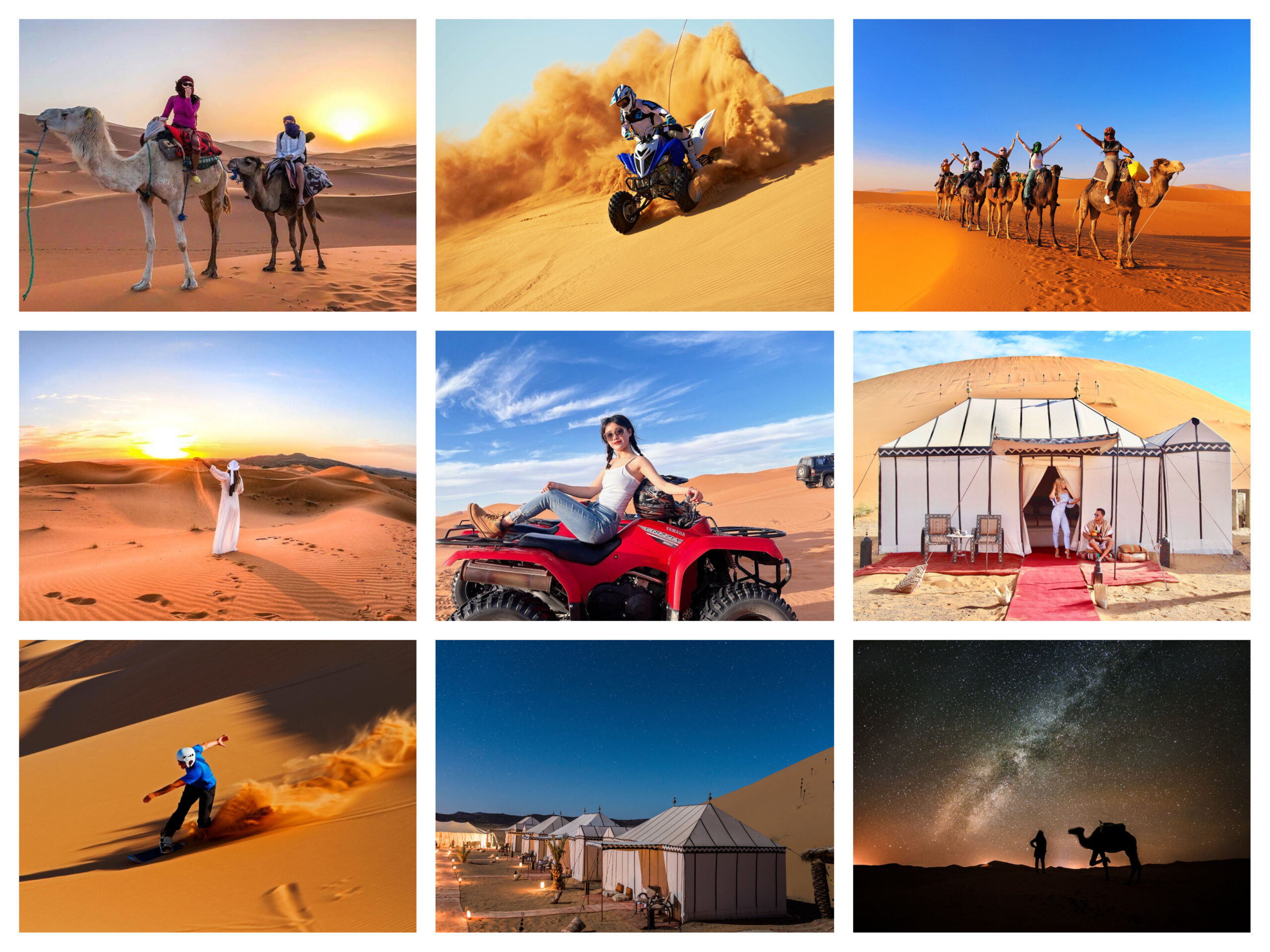 Collage of people riding ATVs in the desert during a 3-day tour from Errachidia to Merzouga Desert.